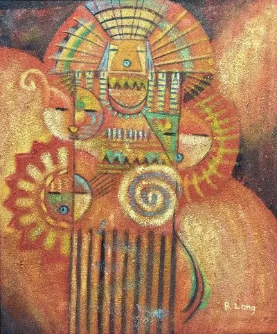 Schilderij, B. Long – abstracte compositie, 20e eeuw – kavel bij Veilinghuis Klinkhamer, Groningen