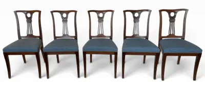 Mahoniehouten eetkamerstoelen - Hepplewhite stijl, Engeland, 19e eeuw – kavel bij Veilinghuis Klinkhamer, Groningen