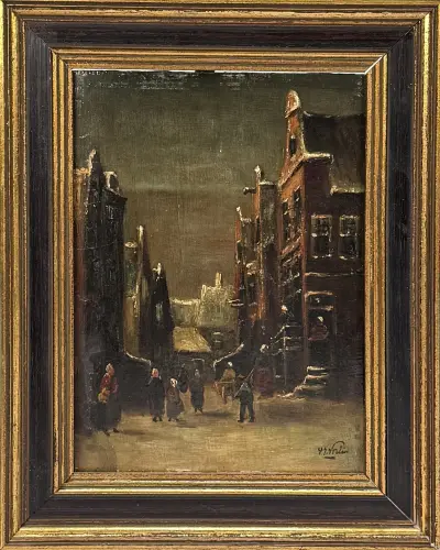 Olieverfschilderij, P.G. Vertin – winters stadsgezicht, 19e eeuw – kavel bij Veilinghuis Klinkhamer, Groningen