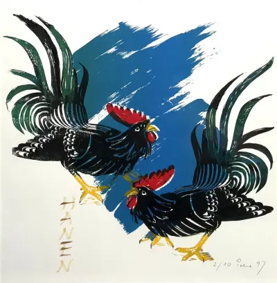 Zeefdruk, Irene Hertel – "hanen", 1997 – kavel bij Veilinghuis Klinkhamer, Groningen
