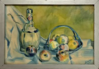 Aquarel, Anno Smith – stilleven met fles en appels, ca. 1950 – kavel bij Veilinghuis Klinkhamer, Groningen