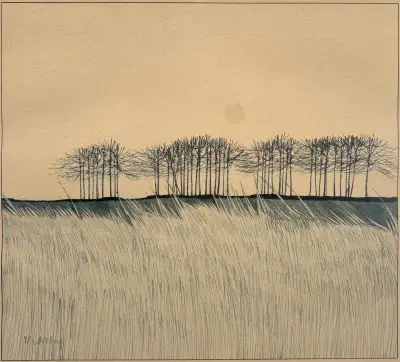 Litho - polderlandschap met bomen, tweede helft 20e eeuw – kavel bij Veilinghuis Klinkhamer, Groningen