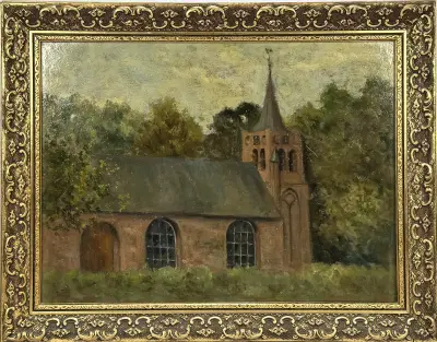 Olieverfschilderij – kerk met bomen, 20e eeuw – kavel bij Veilinghuis Klinkhamer, Groningen