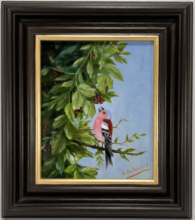Schilderij, L. Schouten – bessen etende vogel, 20e eeuw – kavel bij Veilinghuis Klinkhamer, Groningen