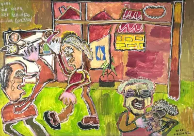 Acryl/olieverfschilderij, Dina de Jonge – "Dina en papa zijn aan het eten kokken", eind 20e eeuw – kavel bij Veilinghuis Klinkhamer, Groningen