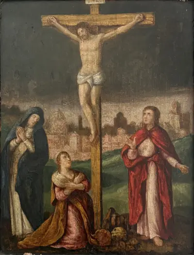 Olieverfschilderij – Kruisiging Christus met Maria, Johannes en Maria Magdalena, 17e eeuw – kavel bij Veilinghuis Klinkhamer, Groningen