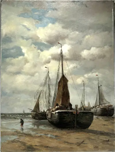 Olieverfschilderij – bomschuiten op het strand, 20e eeuw – kavel bij Veilinghuis Klinkhamer, Groningen
