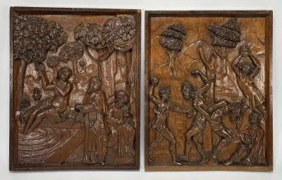 Eikenhouten reliëfpanelen – Susanna en de ouderlingen, 19e eeuw – kavel bij Veilinghuis Klinkhamer, Groningen