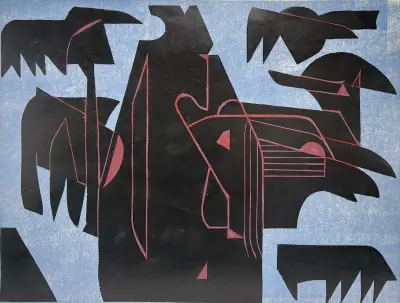 Houtdruk, Jan van der Zee - abstracte compositie, 1974 – kavel bij Veilinghuis Klinkhamer, Groningen