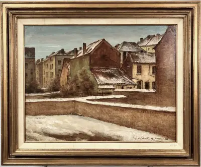 Schilderij, Eugène-François de Block - besneeuwd stadsgezicht, 1865 – kavel bij Veilinghuis Klinkhamer, Groningen