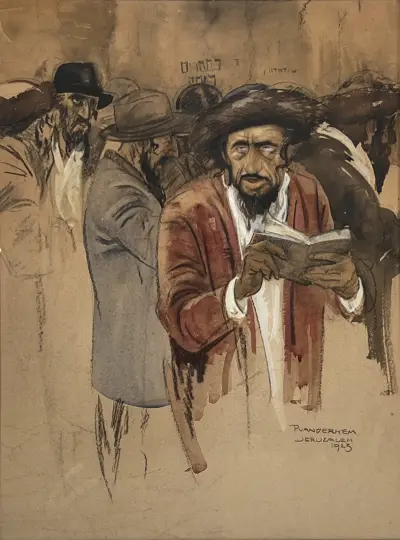 Gemengde techniek, P. van der Hem – 'Joden bij de Klaagmuur in Jeruzalem', 1923 – kavel bij Veilinghuis Klinkhamer, Groningen