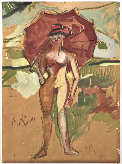 Gemengde techniek, mogelijk toe te schrijven aan Ernst Ludwig Kirchner – "Zonnescherm", 1910 – kavel bij Veilinghuis Klinkhamer, Groningen