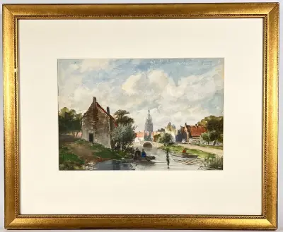 Aquarel – Hollands stadsgezicht met gracht en kerktoren, 20e eeuw – kavel bij Veilinghuis Klinkhamer, Groningen
