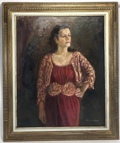 Olieverfschilderij, Kathleen Raymonde Lenox-Jeltes – damesportret, 20e eeuw – kavel bij Veilinghuis Klinkhamer, Groningen