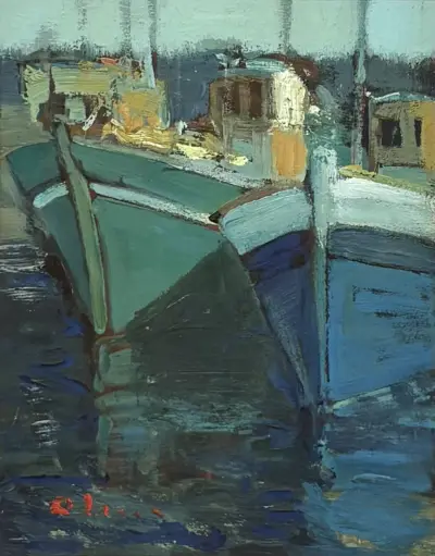 Schilderij - havengezicht met vissersboten, 20e eeuw – kavel bij Veilinghuis Klinkhamer, Groningen