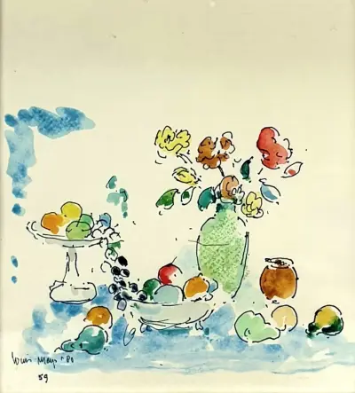 Aquarel, Louis Meys – stilleven met bloemen en fruit, 1980 – kavel bij Veilinghuis Klinkhamer, Groningen