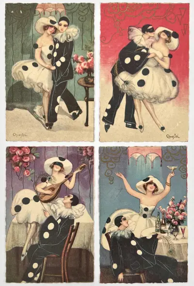 Art Deco ansichtkaarten, Sofia Chiostri – Pierrot en Colombine, Italië, ca. 1920 – kavel bij Veilinghuis Klinkhamer, Groningen