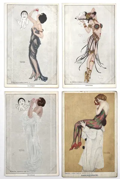Art Nouveau ansichtkaarten, Raphael Kirchner – Gluttony, Expiation, The Dream en Harlequinade, ca. 1910–1916 – kavel bij Veilinghuis Klinkhamer, Groningen