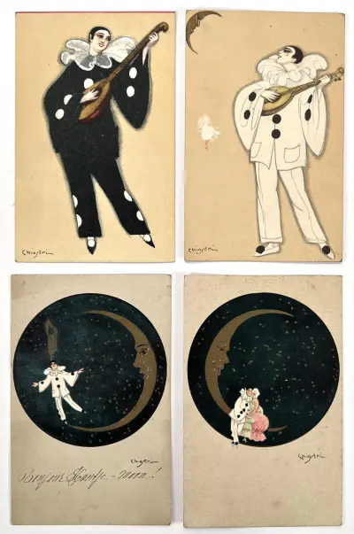 Art Deco ansichtkaarten, Sofia Chiostri – Pierrot, Italië, ca. 1925 – kavel bij Veilinghuis Klinkhamer, Groningen