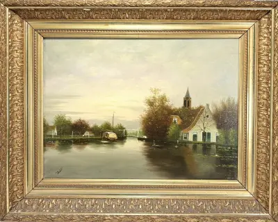 Olieverfschilderij naar Du Chattel– Hollands riviergezicht met kerk en ophaalbrug, 20e eeuw – kavel bij Veilinghuis Klinkhamer, Groningen