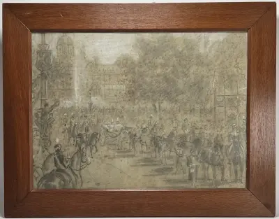 Tekening, Otto Eerelman - Koninklijke intocht met rijtoer en bereden militairen, ca. 1898 – kavel bij Veilinghuis Klinkhamer, Groningen