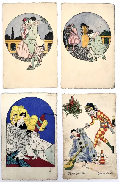 Art Deco ansichtkaarten – commedia dell'arte, ca. 1920–1925 – kavel bij Veilinghuis Klinkhamer, Groningen