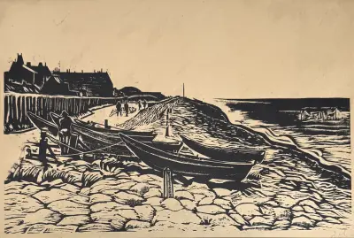 Linosnede, Jan Altink - "Den Helder" – havengezicht met boten op de dijk, eerste helft 20e eeuw – kavel bij Veilinghuis Klinkhamer, Groningen