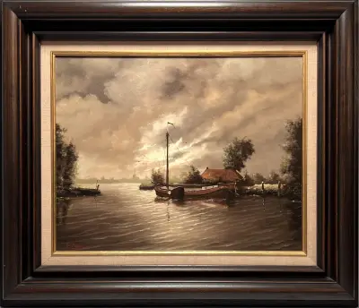 Olieverfschilderij, W. Kroon – Hollands rivierlandschap met aangemeerde boot, tweede helft 20e eeuw – kavel bij Veilinghuis Klinkhamer, Groningen