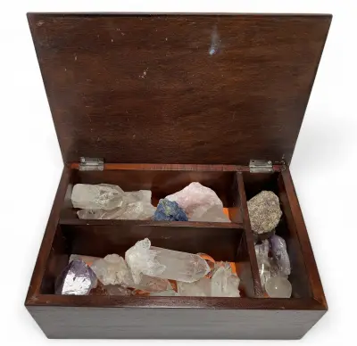 Houten kist met mineralen en kristallen – kavel bij Veilinghuis Klinkhamer, Groningen