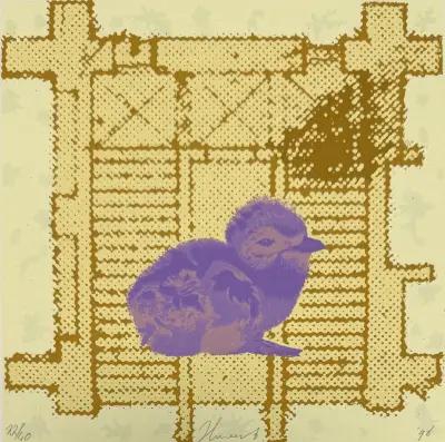 Zeefdruk, Herman van de Weert – kuiken met rastermotief, 1996 – kavel bij Veilinghuis Klinkhamer, Groningen