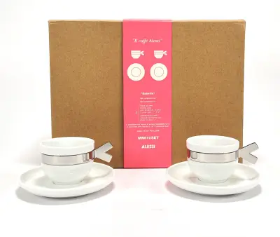 Espressokopjes met schotels, ontwerp Miriam Mirri voor Alessi - "Babette", Italië, 2006 – kavel bij Veilinghuis Klinkhamer, Groningen