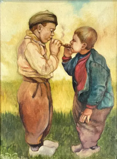 Olieverfschilderij, Heiltje Vollmüller – "De eerste sigaar", eind 20e eeuw – kavel bij Veilinghuis Klinkhamer, Groningen