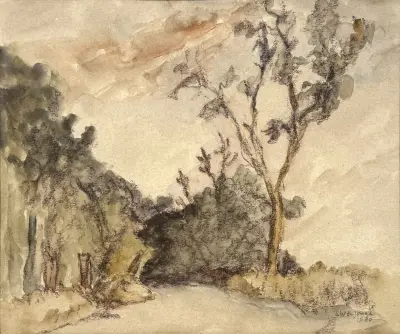 Aquarel, L. W. de Jonge - Uiteinde bij Holwierde, 1980 – kavel bij Veilinghuis Klinkhamer, Groningen