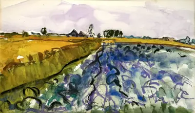 Aquarel/pastel, Maike van der Kooij - polderlandschap, 1996 – kavel bij Veilinghuis Klinkhamer, Groningen
