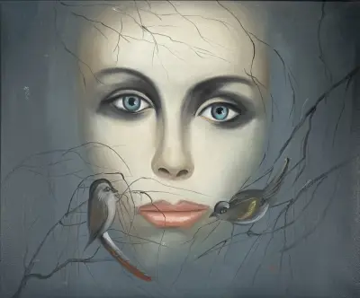 Olieverfschilderij naar Luc Genot - "Prelude", surrealistisch vrouwenportret met vogels, 20e eeuw – kavel bij Veilinghuis Klinkhamer, Groningen