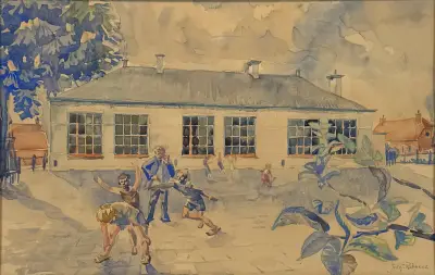 Aquarel, Jelle Rispens – lagere school Kommerzijl, ca. 1965 – kavel bij Veilinghuis Klinkhamer, Groningen
