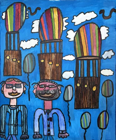 Acrylverfschilderij, Thea Bosch – "Mijn vader en ik kijken naar de hete luchtballonnen", 21e eeuw – kavel bij Veilinghuis Klinkhamer, Groningen