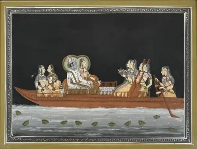 Miniatuurschilderij - Nauka Vihar Radha en Krishna, India, 20e eeuw – kavel bij Veilinghuis Klinkhamer, Groningen