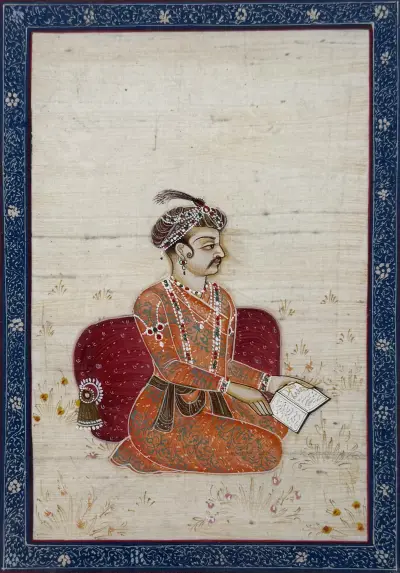Miniatuurschildering, Mogol-stijl – zittende edelman met boek, India, 21e eeuw – kavel bij Veilinghuis Klinkhamer, Groningen