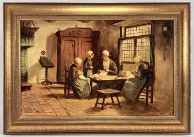 Beschilderd keramische plaquette – interieurscene, midden 20e eeuw – kavel bij Veilinghuis Klinkhamer, Groningen