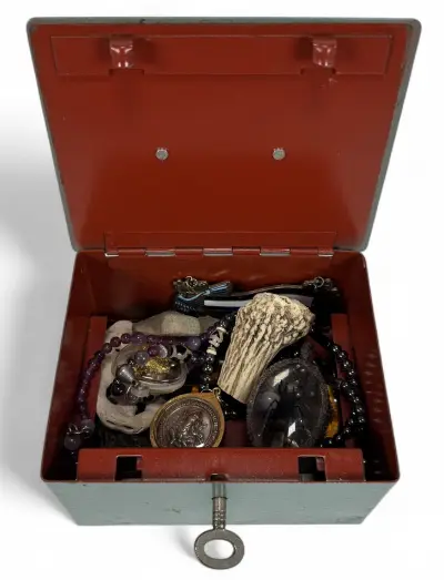 Metalen geldkistje - amulet, gewei, beeldjes en sieraden, 20e eeuw – kavel bij Veilinghuis Klinkhamer, Groningen