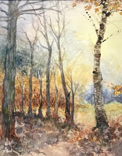 Aquarel, Marguérite Bogers – boslandschap met berken, 1987 – kavel bij Veilinghuis Klinkhamer, Groningen