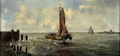 Olieverfschilderij, Christiaan Hendrik Eckhardt – zeegezicht met zeilboten, eerste helft 20e eeuw – kavel bij Veilinghuis Klinkhamer, Groningen