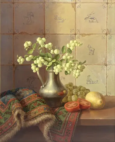 Olieverfschilderij, E.P. Moleveld – stilleven met sneeuwbessen, fruit en Delfts blauwe tegels, tweede helft 20e eeuw – kavel bij Veilinghuis Klinkhamer, Groningen