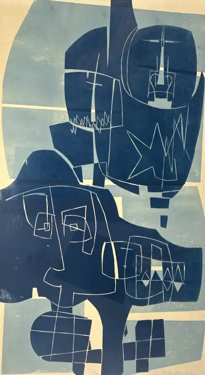 Houtsnede, Jo van Dijk – abstracte compositie, 1971 – kavel bij Veilinghuis Klinkhamer, Groningen