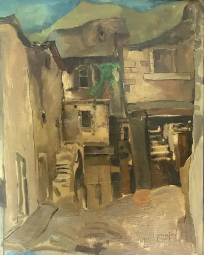 Olieverfschilderij, Germ de Jong – dorpsgezicht, 1937 – kavel bij Veilinghuis Klinkhamer, Groningen