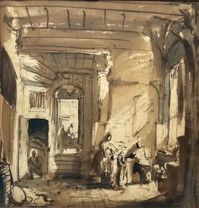 Schilderij – interieur tafereel, 20e eeuw – kavel bij Veilinghuis Klinkhamer, Groningen