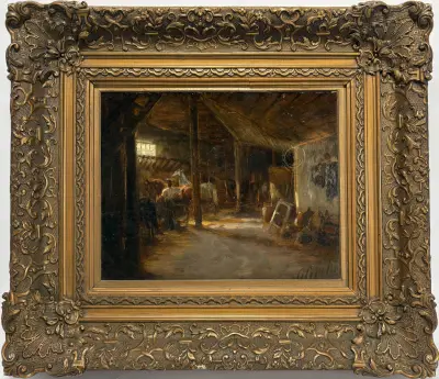 Olieverfschilderij – stalinterieur met paarden en figuur, 19e eeuw – kavel bij Veilinghuis Klinkhamer, Groningen