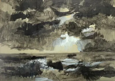 Aquarel, Beb Mulder – expressief kustlandschap, 1984 – kavel bij Veilinghuis Klinkhamer, Groningen