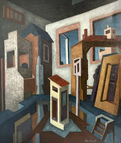 Olieverfschilderij, Hans van Rossem – abstracte compositie, 1975 – kavel bij Veilinghuis Klinkhamer, Groningen
